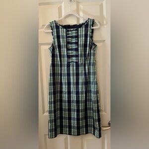 Talbots Cotton Sleeveless Sheath Dress Blue Green Plaid Ruffle Stretch size 2